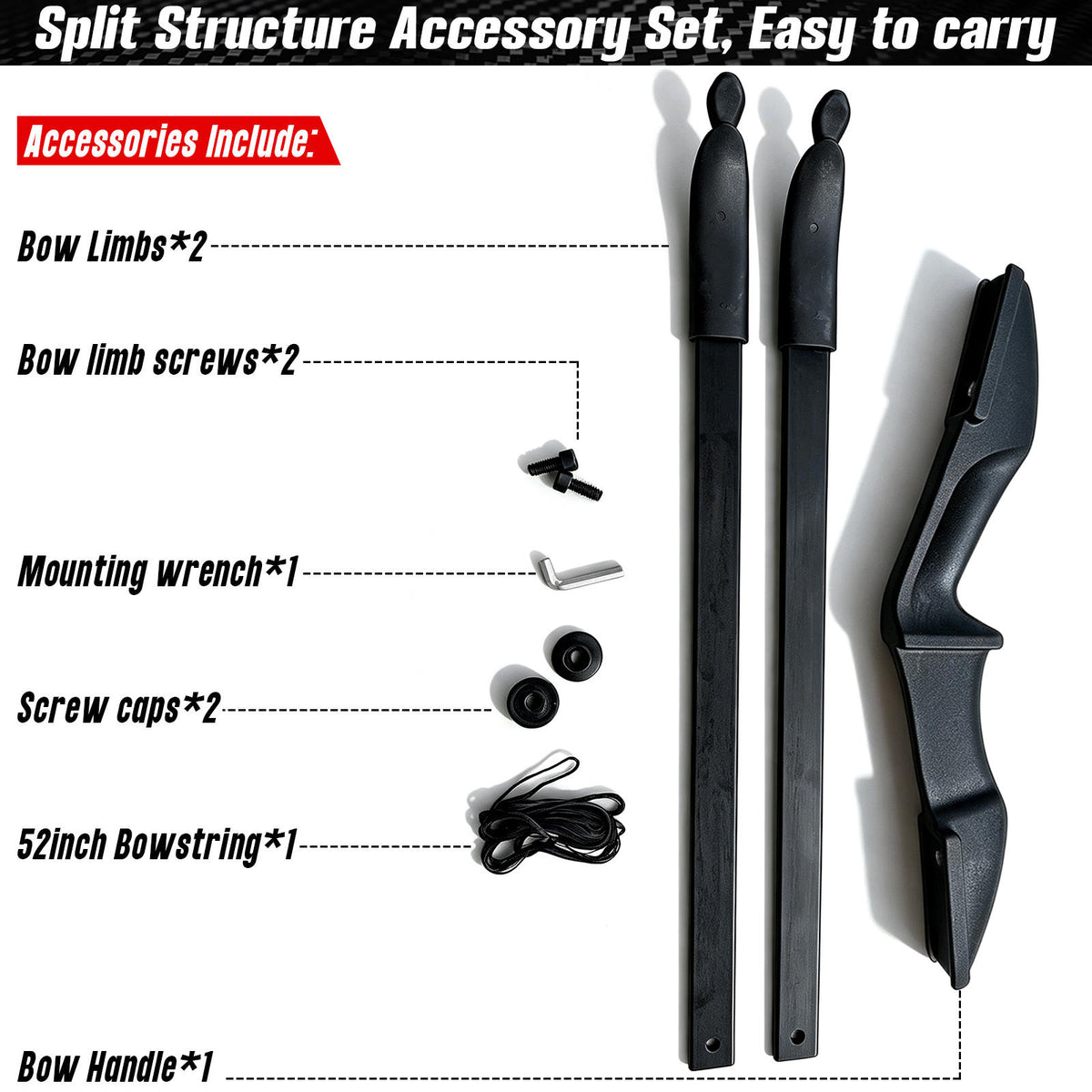 Black Adult 53" Archery Recurve Bow, Takedown Long Bow Kit, Portable Split-Type Bow, Adult and Beginners to Advanced Outdoor Target Practice, High Accuracy Shooting, Both for Left and Right Hand Use Recurve Bow Package for Adults 20LB, 30LB, 40LB