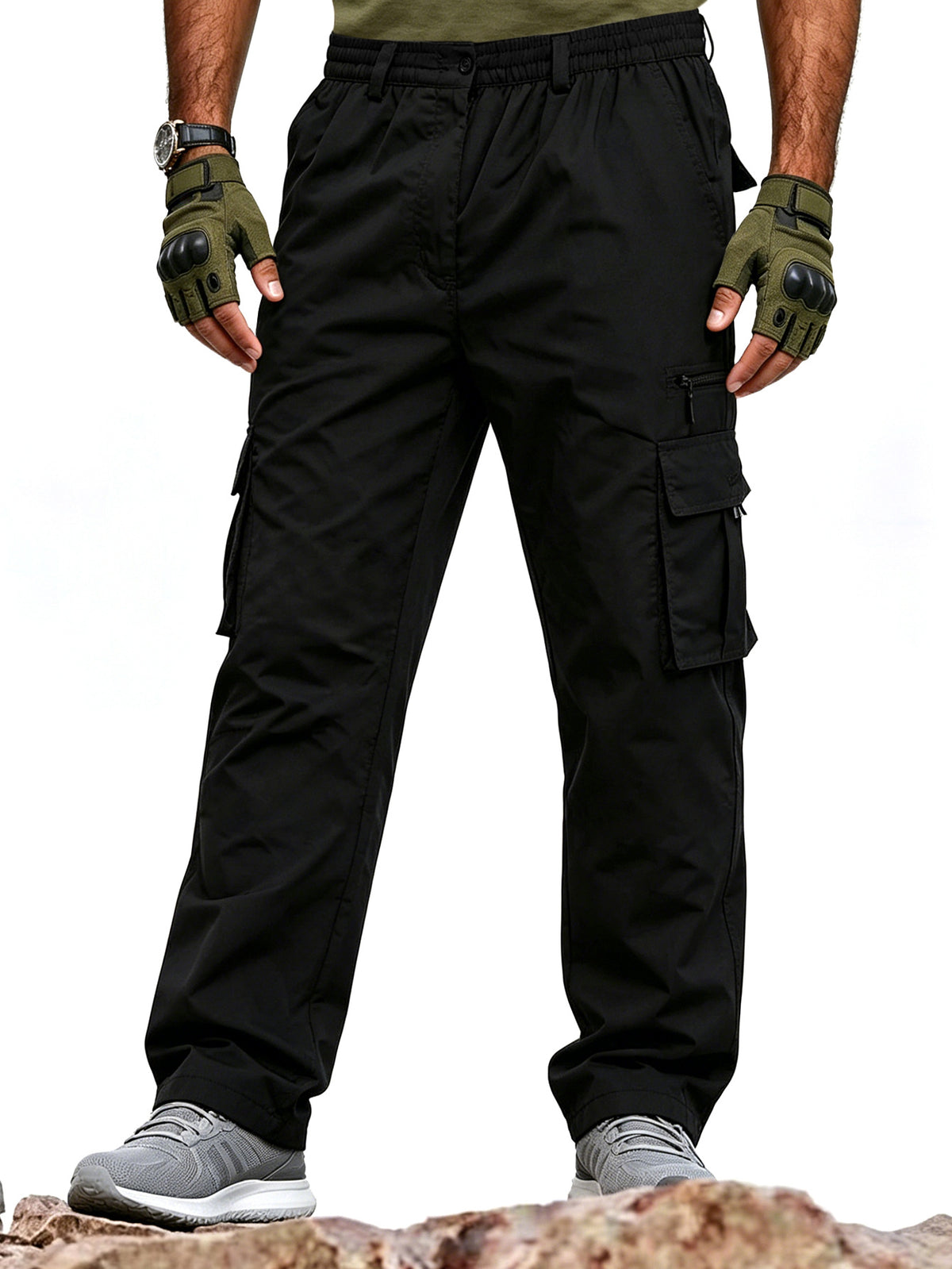 Men's Utility Cargo Pants, Casual Multi-Pocket Loose Straight Leg Work Pants, Durable Lightweight Ripstop Fabric, Flexible Elastic Waist Adjustable, Quick-Drying Outdoor Long Pants for Daily Commute, Running, Hiking, Travel and Camping Wear, Black
