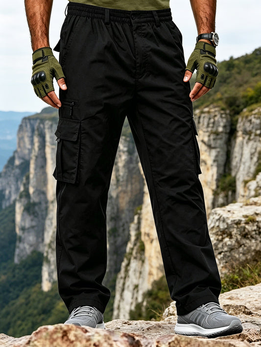 Men's Elastic Ripstop Tactical Pants Cargo Pants, Lightweight Motion Utility Casual Pants, Stretch Waistband, Straight Cut Loose Fit, Water Resistant Ripstop Outdoor Quick Dry Hiking Work Long Pants with Multi Pockets Commute Pants(No Belt, Black)