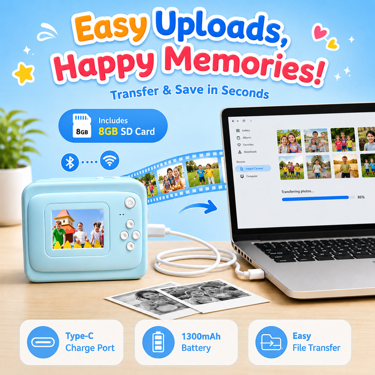 Kids Camera Instant Print for Boys Girls, 2.0-Inch Screen, 1080P HD Photography, MP3 & Game, 20 Creative Frames, 3 Rolls of Printer Paper, USB Charger, Perfect for Christmas And Halloween Birthday Gift, Perfect for Kid, Gifts Girls Boys 6 Years Old