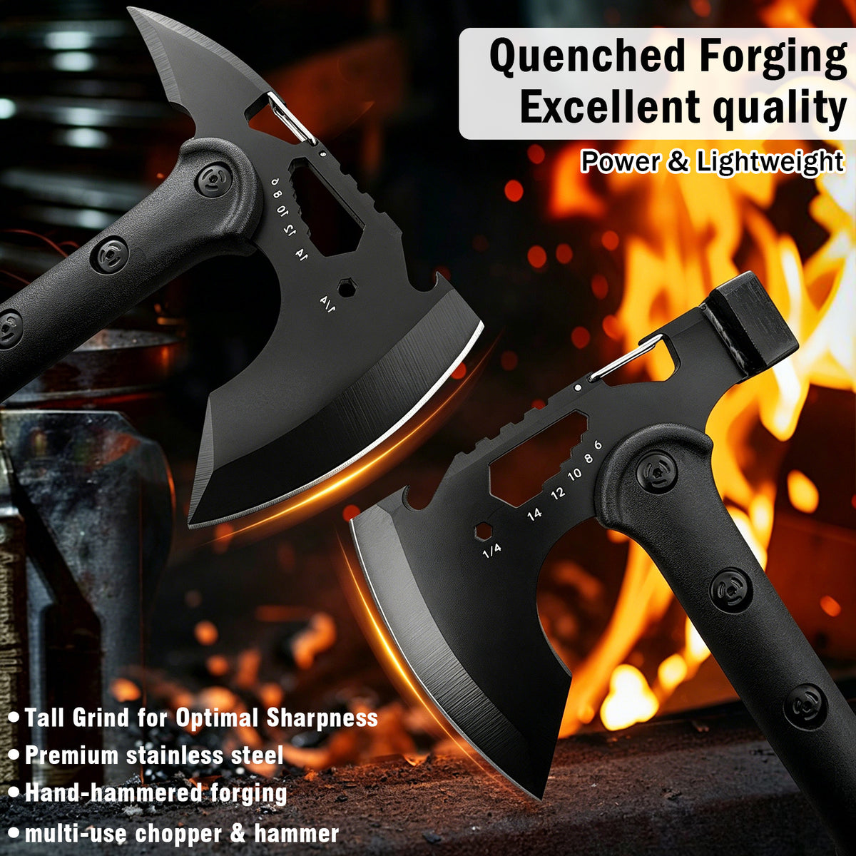 2 Pack Portable Battle Axe Set, Portable Outdoor Hatchet with Sheath, Reinforced Steel Sharp Blade, Window Breaker, Hammer and Multi-Tool Design Tomahawk, Durable Anti-Slip Handle Camping Hatchet Tool for Hiking/Camping/Outdoor Adventure Gear
