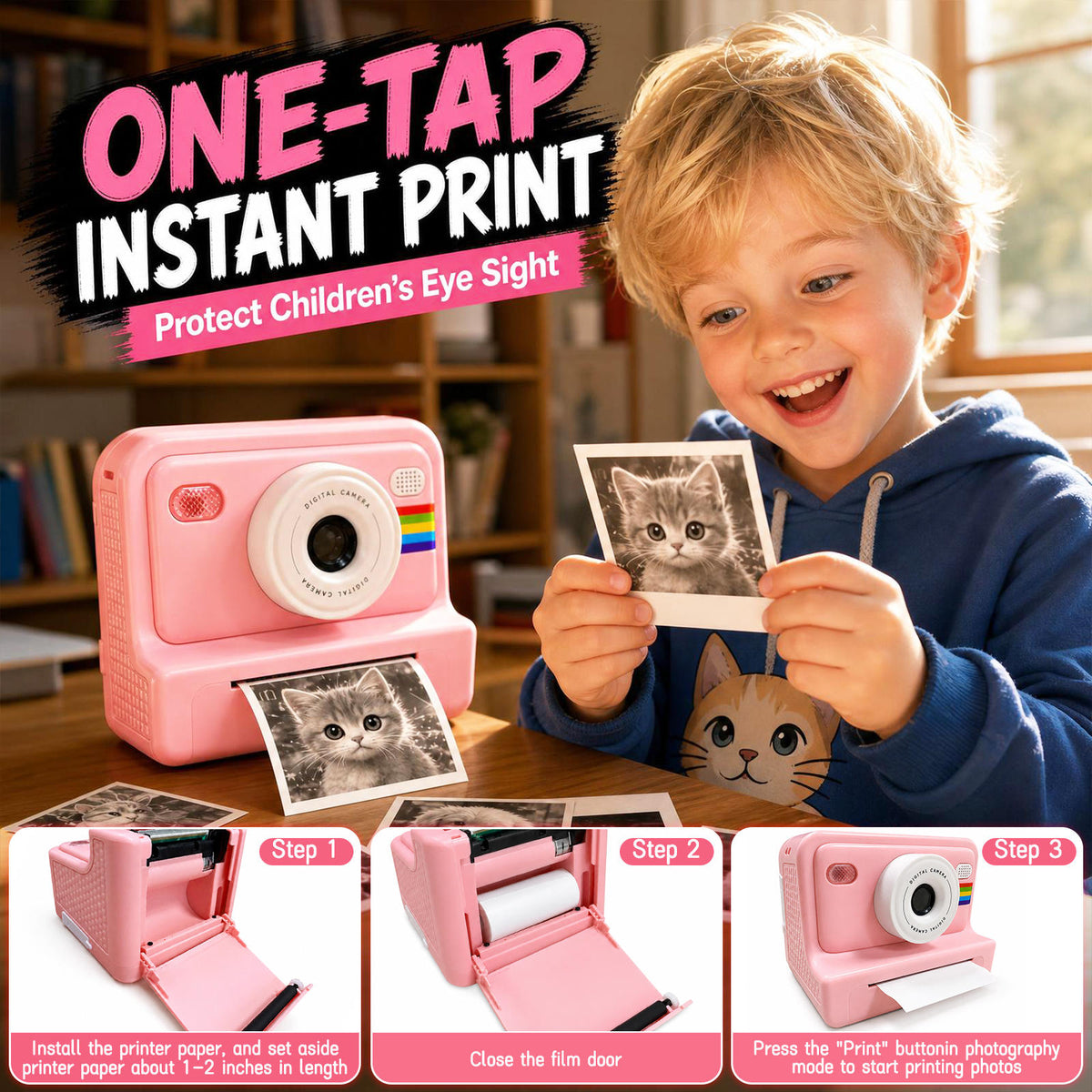 Thermal Portable Instant Printing Camera Set for Kids, 1080P HD Photo/Video Capture, Music Player, Interactive Storybooks, 3/5/10S Delayed Photography with USB Charger 1300Mah Battery And 3 Rolls Print Paper, Perfect for Birthday Gifts Girls Age 6
