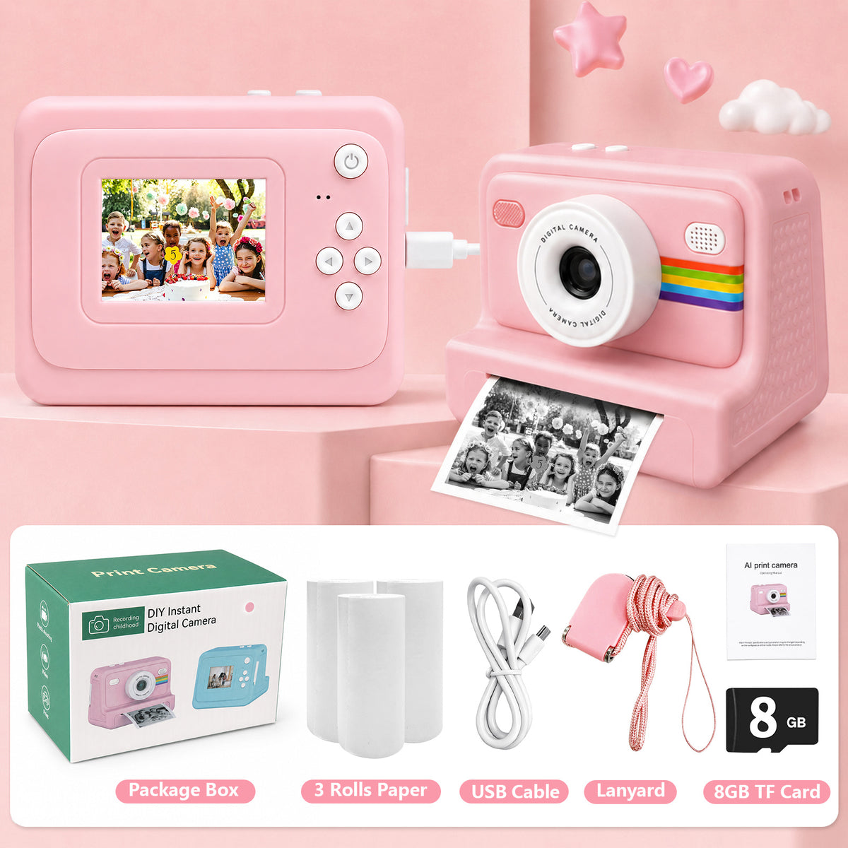 Thermal Portable Instant Printing Camera Set for Kids, 1080P HD Photo/Video Capture, Music Player, Interactive Storybooks, 3/5/10S Delayed Photography with USB Charger 1300Mah Battery And 3 Rolls Print Paper, Perfect for Birthday Gifts Girls Age 6