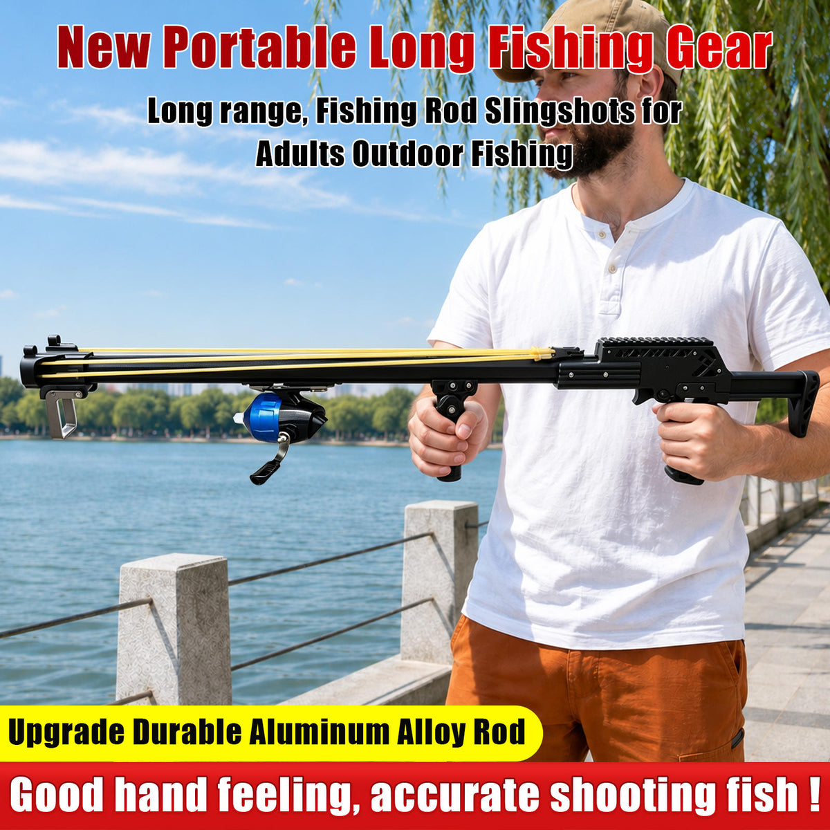 New Upgraded Outdoor Fishing Slingshot, Heavy Duty Fish Rod Slingshot Gear, Max Performance Metal Slingshot, Safety Lock Trigger Automatic Slingshot, Essential for Outdoors Lakes,Rivers Fishing and Forest Shooting,Adult Slingshot with Rubber Bands