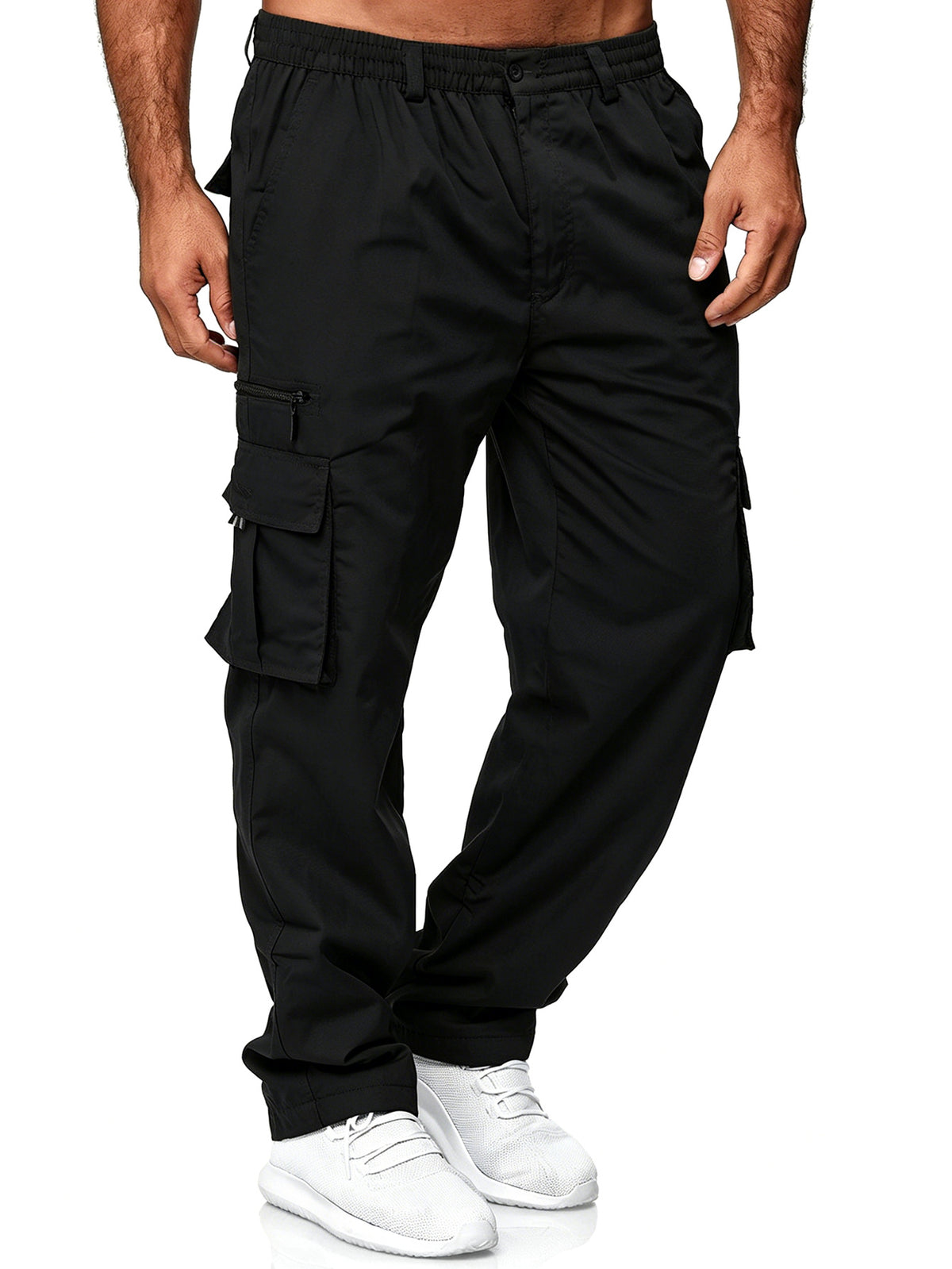 Men's Utility Cargo Pants, Casual Multi-Pocket Loose Straight Leg Work Pants, Durable Lightweight Ripstop Fabric, Flexible Elastic Waist Adjustable, Quick-Drying Outdoor Long Pants for Daily Commute, Running, Hiking, Travel and Camping Wear, Black