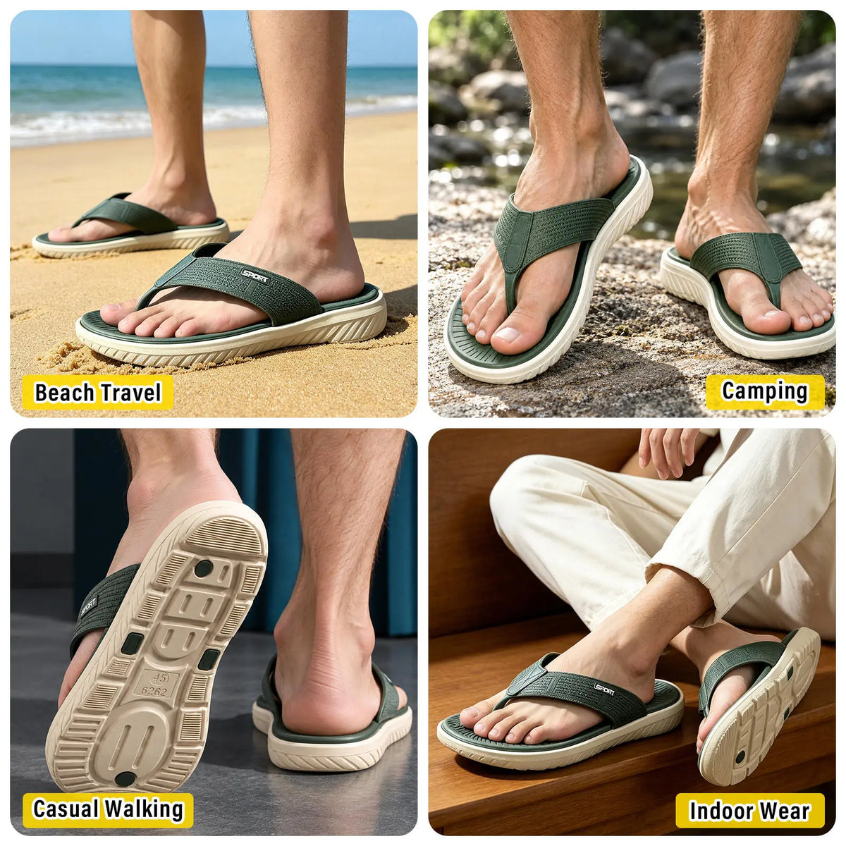 Men's Flip Flops, Slide Sandals for Men, Lightweight Thong Sandals with Thick EVA Sole, Soft Cushioned Footbed & Textured Outsole, Non-Slip Slippers, Men Summer Beach Sandals with Arch Support for Casual Walking, Indoor & Outdoor Wear, Green