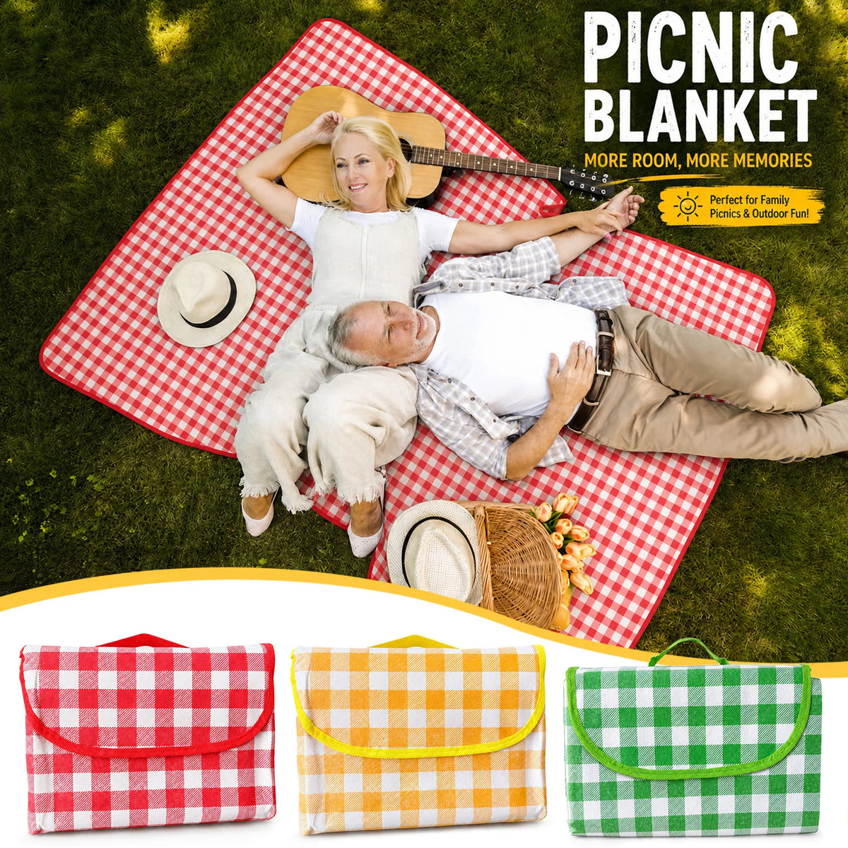 Portable Outdoor Picnic Blanket, 59x79'' Large Beach Blanket, Sand Proof Foldable Non-Woven Picnic Mat, Thickened Checkered Outdoor Mat with Handle, Oversized Compact Suitable for Parks, Meadows, Camping, Hiking, Concerts(3 Colors, 150x200cm)
