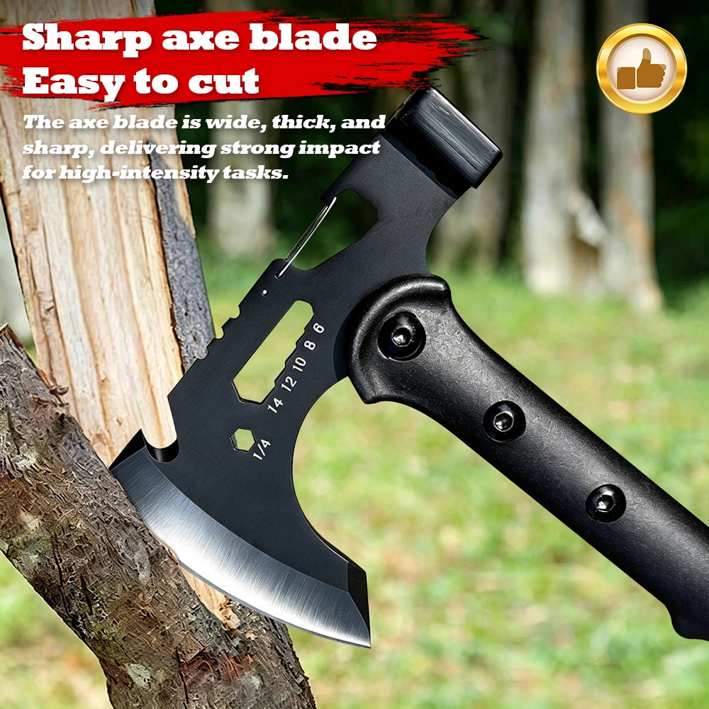 Outdoor Axe, Multifunctional Battle Axe, Camping Hand Axe, All-in-One Combat Axe, Durable and Sturdy Sharpened Blade, Wilderness Firewood-Splitting Survival Axe, 15 inch Tactical Axe with Mountain Lock and Bottle Opener with Sheath Hammer Tomahawk