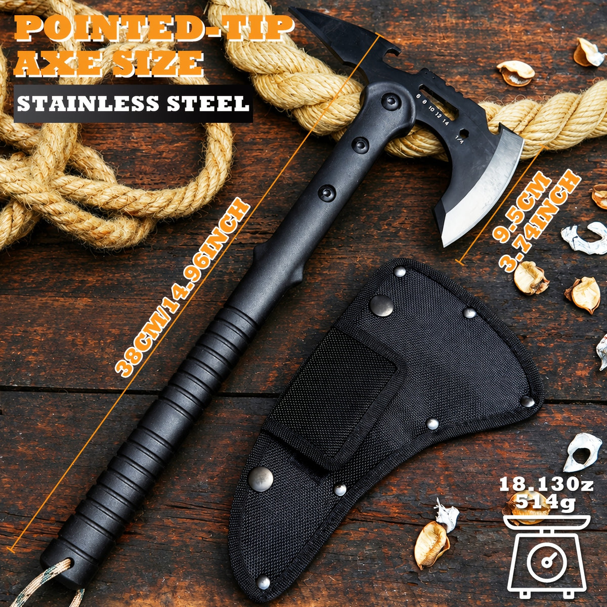 Portable 15" Stainless Steel Garden Axe, Durable Tomahawk with Sheath, Multi-Functional Tomahawk Outdoor Camping Axe with Hammer, Bottle Opener & Carabiner, Durable Hatchet for Branch Cutting, Yard Work, Camping and Emergency Gear,2 styles（Black）
