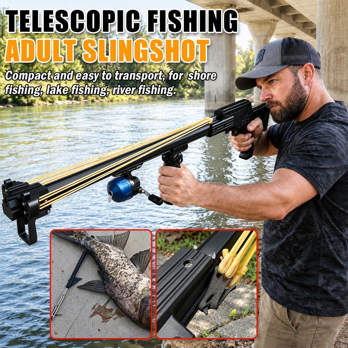 New Upgraded Outdoor Fishing Slingshot, Heavy Duty Fish Rod Slingshot Gear, Max Performance Metal Slingshot, Safety Lock Trigger Automatic Slingshot, Essential for Outdoors Lakes,Rivers Fishing and Forest Shooting,Adult Slingshot with Rubber Bands