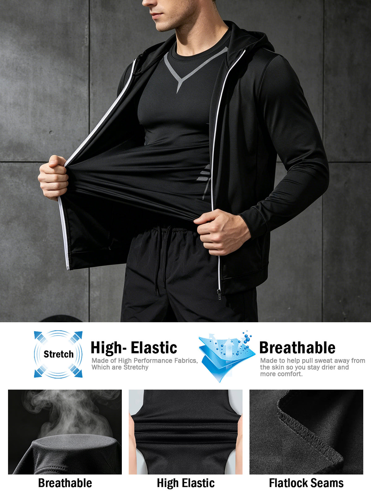 4 Pieces Sports Set, Men's Fitted Workout Shirt Activewear Set, Athletic Jacket with Hoodies Long Sleeve, Quick Dry Compression Tee with Breathable Moisture Wicking Comfort, Stretch Short Sleeve Running Top for Gym Training and All-Day Active Wear