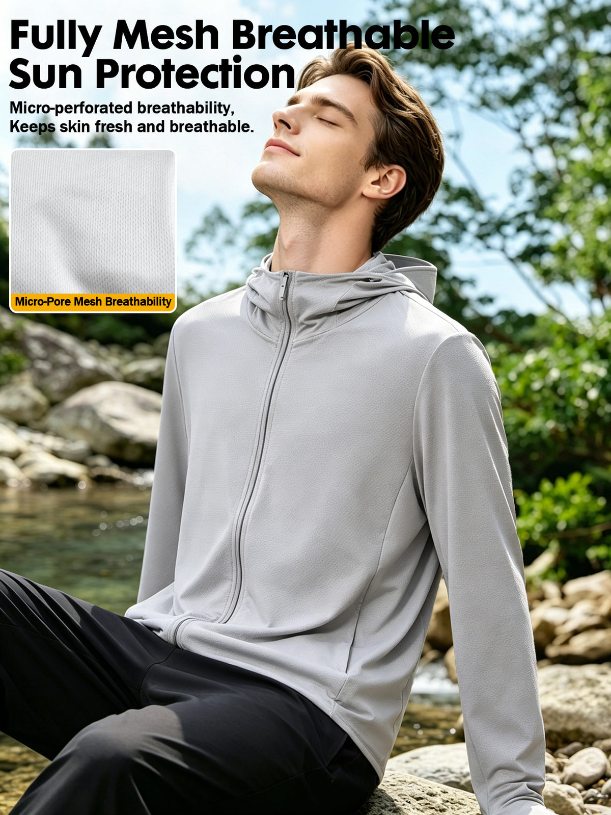 Men's Cool and Comfortable Jacket With Hood Brim, Moisture-wicking and Quick-drying Shirt, Breathable Sun Protection Shirt, Outdoor Lightweight Full Zip Hoodie Jacket Long Sleeve Fishing, Hiking, Running, Tops for Summer