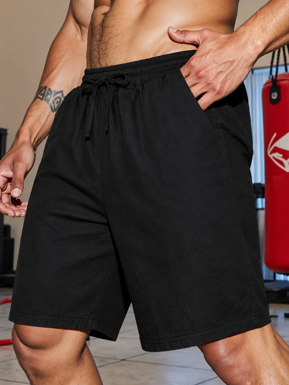 Men's Black Athletic Shorts with Pockets and Drawstring Waist,Made From Linen Blend Fabric, Lightweight Fitness Shorts, These Quick-Dry,Breathable and Comfortable for Running, Outings, Workouts and Casual Daily Wear. Men's Drawstring Waist Shorts