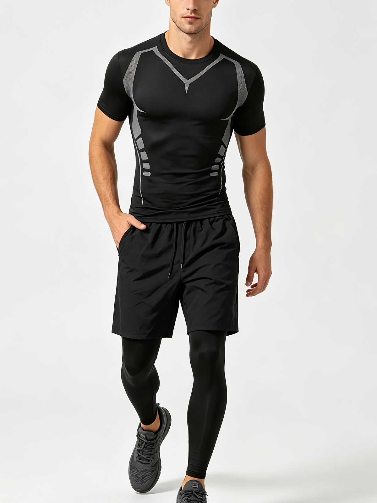 3 Pieces Men's Sports Set, Running Training Fitness,Quick Dry Workout Set with Athletic Fit Short Sleeve Performance Elastic Shirt and Elastic Waistband Long/Shorts, Lightweight Breathable Sportswear for Gym Basketball and Everyday Wear,Summer