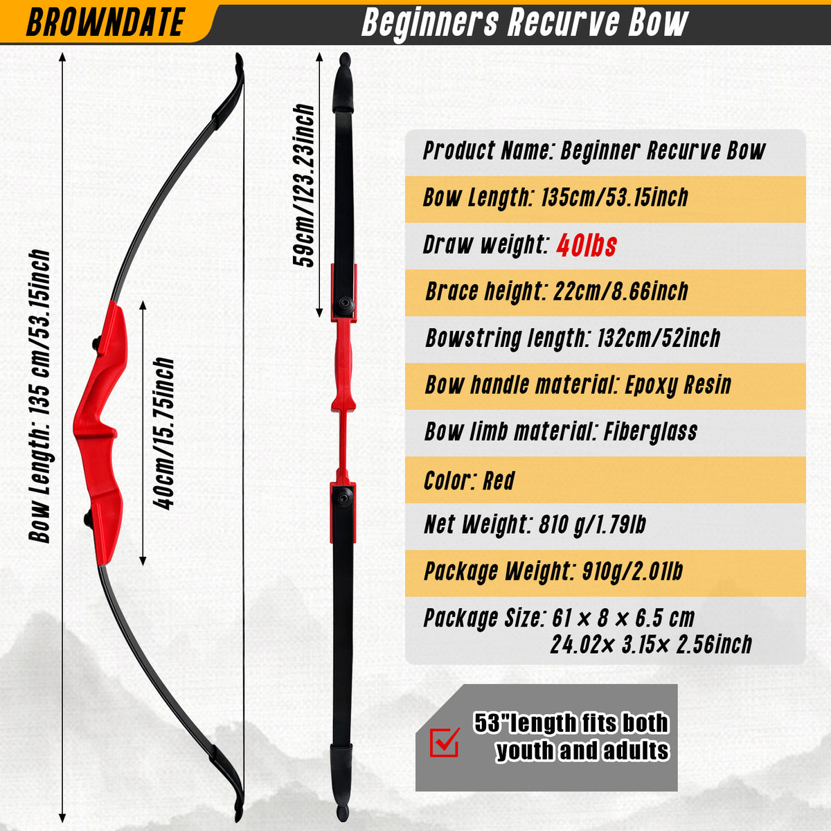 Archery  Recurve Bow 53" Standard Set for Adults 20 30 40lb, Takedown Archery Kit for Beginners Right & Left Handed Outdoor Target Practice & Training, Adult Beginners to Advanced Outdoor Target Practice, Smooth Shooting Performance, High Accuracy