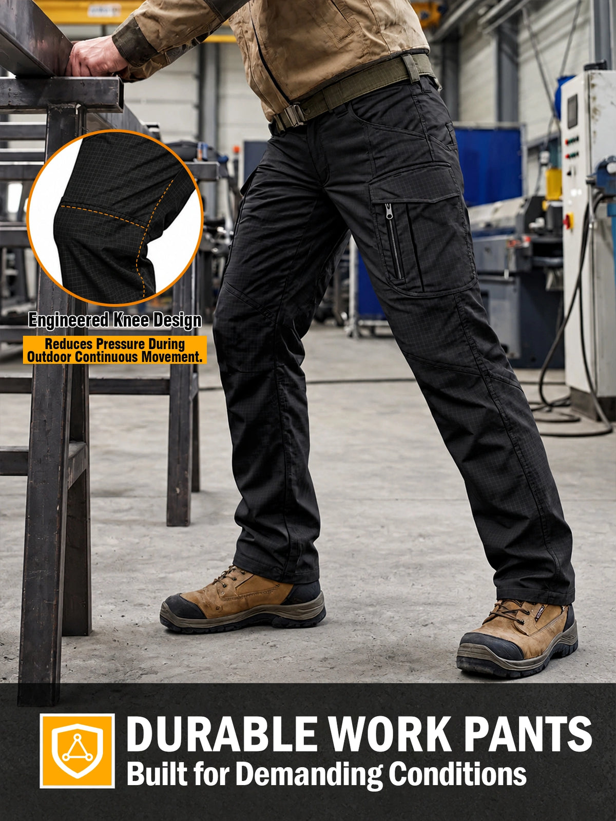 Men's Cargo Pants Work Pants Black, Lightweight Ripstop Outdoor Pants, Durable Water Resistant Work Trousers with 9 Pockets, Abrasion-resistant Fabric, Utility Long Pants for Outdoor Work, Camping, Training, Daily Commute and Casual Wear,1PCS
