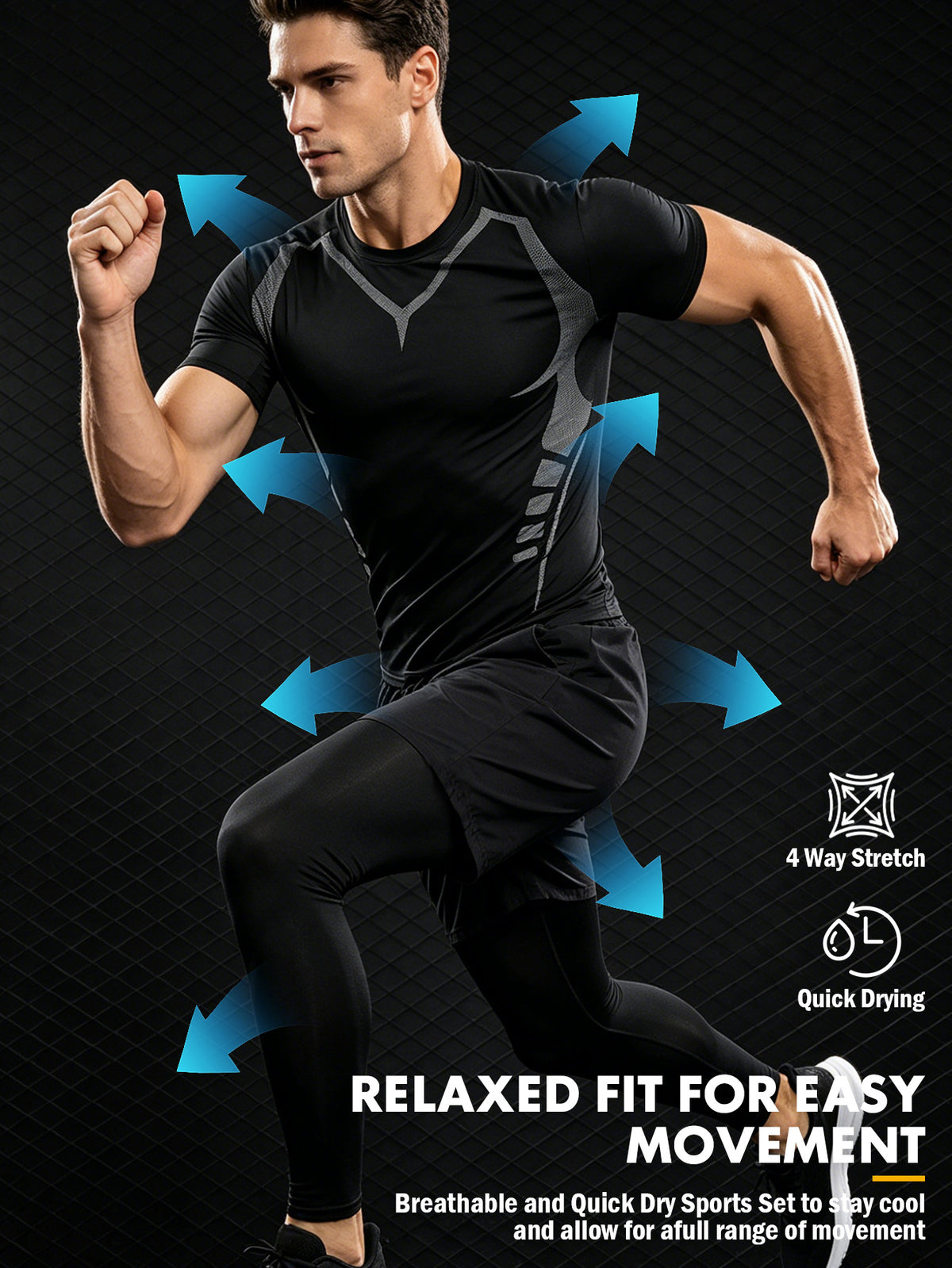 3 Pieces Men's Sports Set, Running Training Fitness,Quick Dry Workout Set with Athletic Fit Short Sleeve Performance Elastic Shirt and Elastic Waistband Long/Shorts, Lightweight Breathable Sportswear for Gym Basketball and Everyday Wear,Summer
