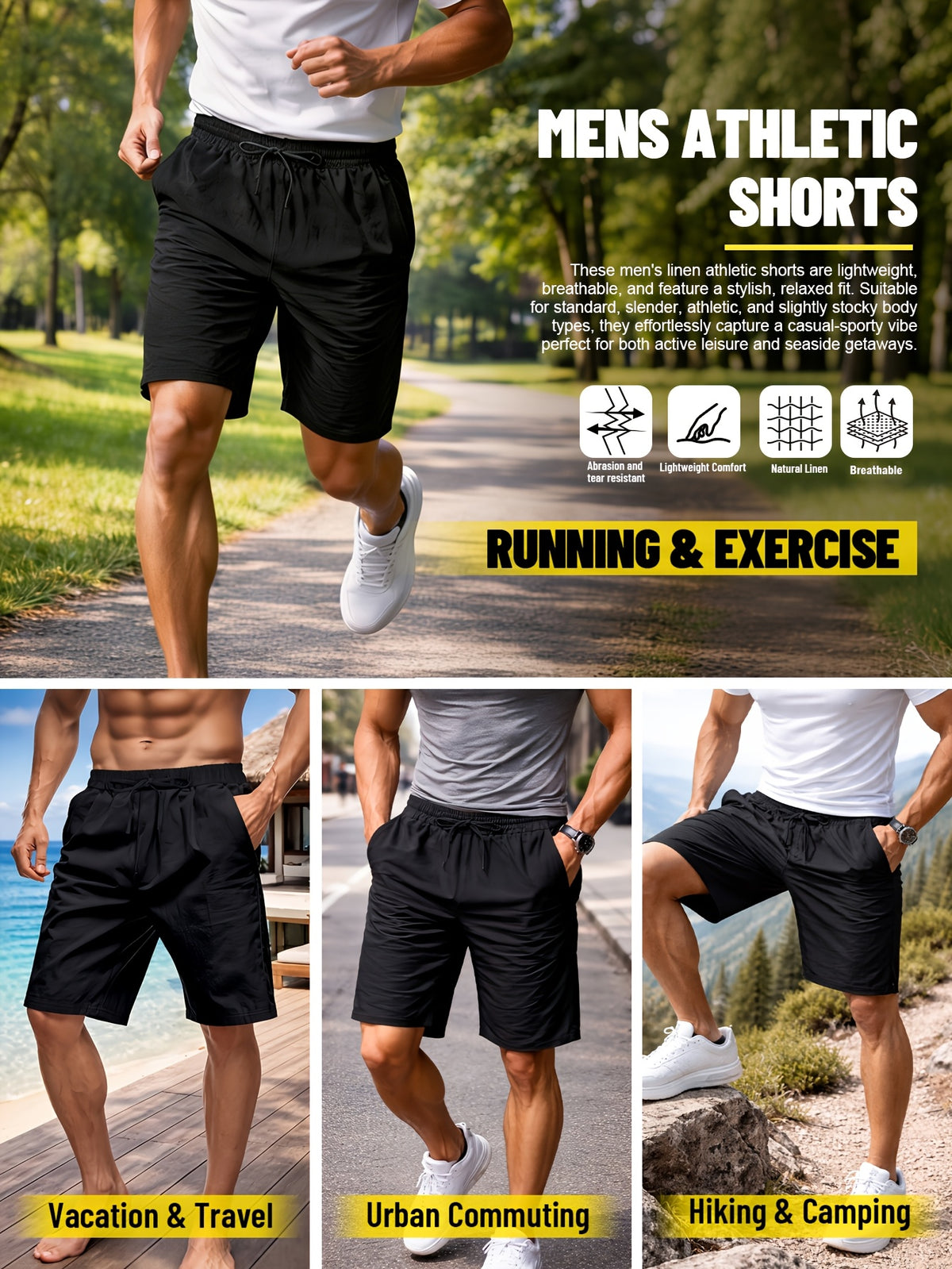 Men's Linen Breathable Workout Shorts, Lightweight Quick-Dry Sports Shorts, Breathable Stretch Athletic 5" Shorts, Drawstring Waist for Comfortable Outdoor Running, Gym Training & Fitness, Outdoor Beach Activities,Relaxed Shorts, Men Gift (Black）