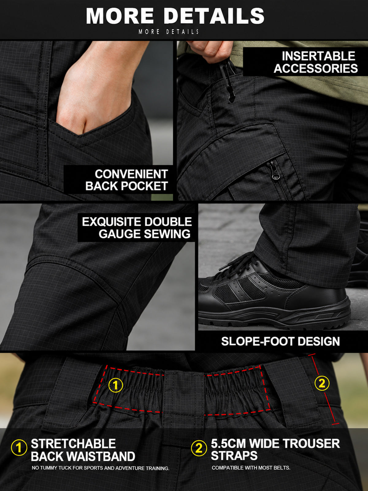 Men's Cargo Pants Work Pants Black, Lightweight Ripstop Outdoor Pants, Durable Water Resistant Work Trousers with 9 Pockets, Abrasion-resistant Fabric, Utility Long Pants for Outdoor Work, Camping, Training, Daily Commute and Casual Wear,1PCS