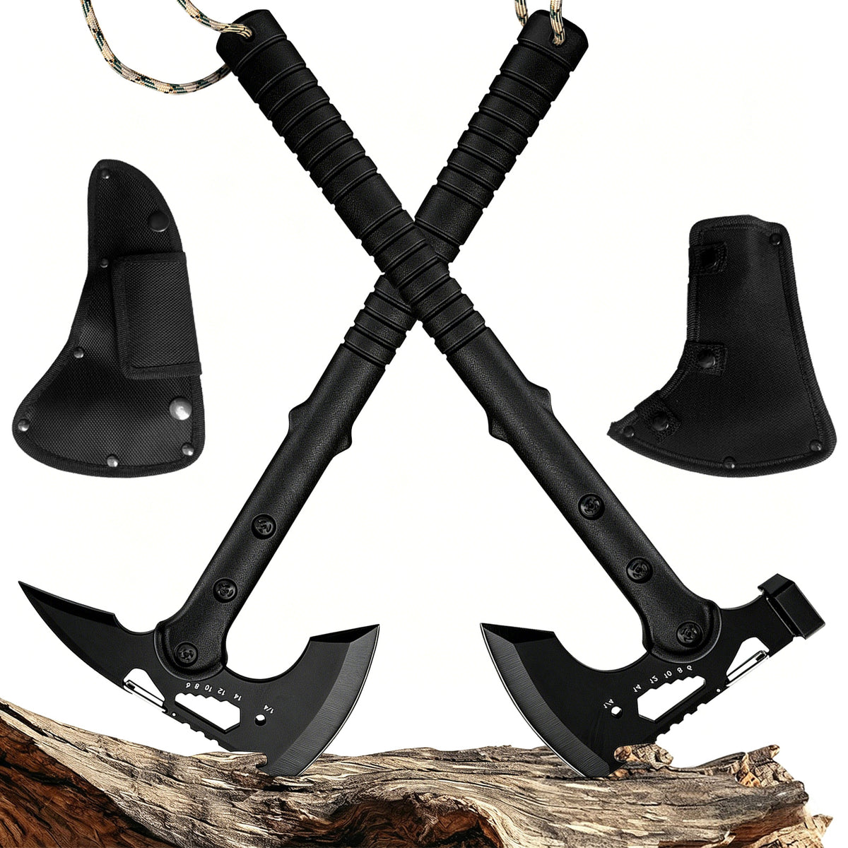 2 Pack Portable Battle Axe Set, Portable Outdoor Hatchet with Sheath, Reinforced Steel Sharp Blade, Window Breaker, Hammer and Multi-Tool Design Tomahawk, Durable Anti-Slip Handle Camping Hatchet Tool for Hiking/Camping/Outdoor Adventure Gear