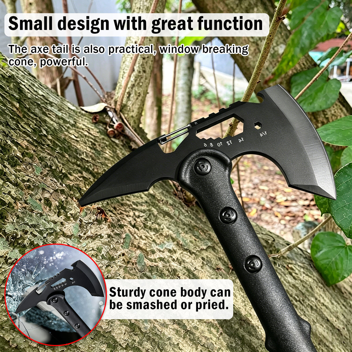 2 Pack Portable Battle Axe Set, Portable Outdoor Hatchet with Sheath, Reinforced Steel Sharp Blade, Window Breaker, Hammer and Multi-Tool Design Tomahawk, Durable Anti-Slip Handle Camping Hatchet Tool for Hiking/Camping/Outdoor Adventure Gear